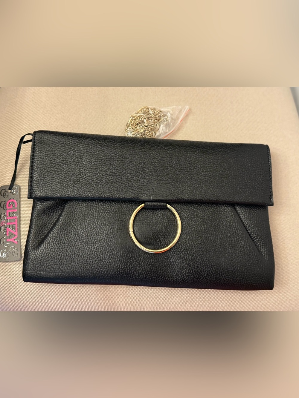 Black Pebbled Clutch with Gold Ring Accent